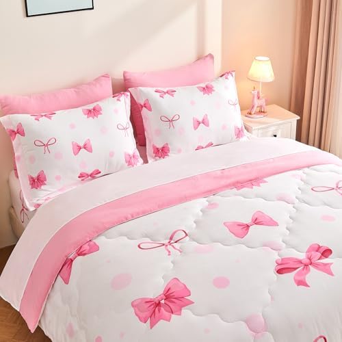 Wajade 7-Piece Pink Bow Twin Bedding Set for Girls
