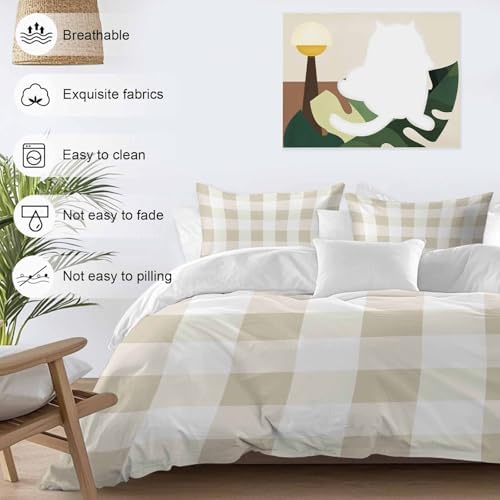 Sabolny Beige White Plaid Queen Duvet Cover Set 3 Piece