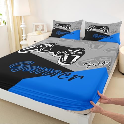 Feelyou Kids Gamer Bed Sheet Set Blue Black Queen