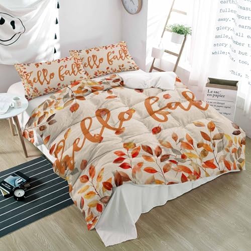 3 Piece Bedding Set Hello Autumn Orange Leaves Duvet Cover Pillow Shams