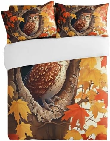 3 Piece Thanksgiving Owl Duvet Cover Set with Pillow Shams