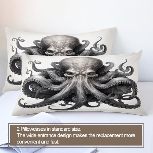 STRELEC Octopus Duvet Cover Set Queen Size Gray White