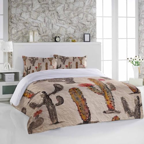 Brown Cactus Red Flowers Duvet Cover Set 3 Piece