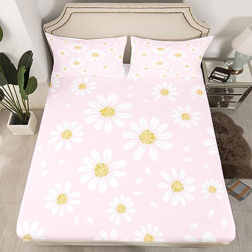 Manfei White Daisy Kids Fitted Sheet Set