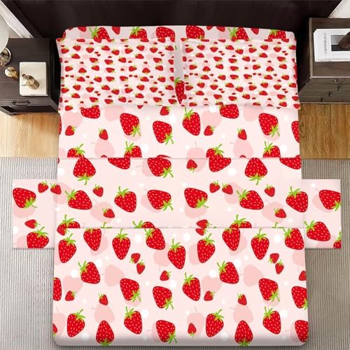 FUYEUN Pink Strawberry Sheet Set for Kids and Teens