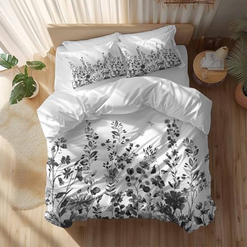 Sabolny Grey Botanical Queen Duvet Cover Set