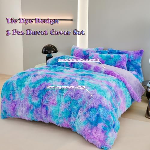 ZRNBAST Shaggy Duvet Cover Set Twin Size Blue Purple Tie Dye