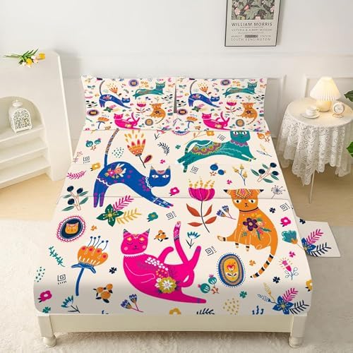 EDGZKO Queen Cat Sheet Set 4 Piece Kids Bedding