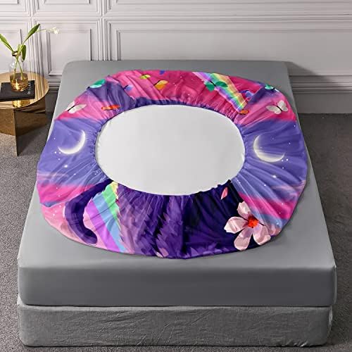 HOSIMA Cat Fitted Sheet with Rainbow Flowers and Pillowcases - Purple