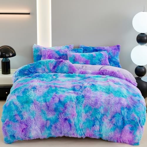 ZRNBAST Shaggy Duvet Cover Set Twin Size Blue Purple Tie Dye