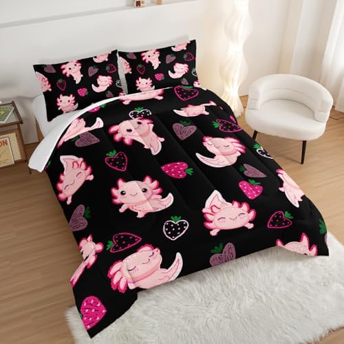 Cute Axolotl Bedding Set for Kids Pink Strawberry Comforter Set