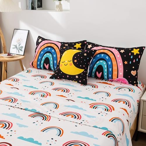 Btargot 5-Piece Black Rainbow Comforter Set for Kids