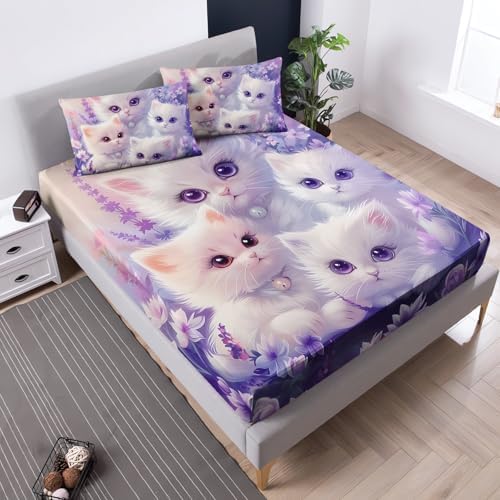 Cute Cat Fitted Sheet Toddler Bedding Set Twin Size