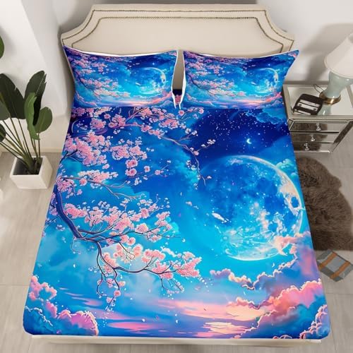 Cherry Blossoms Fitted Sheet Set Full Size with 2 Pillowcases