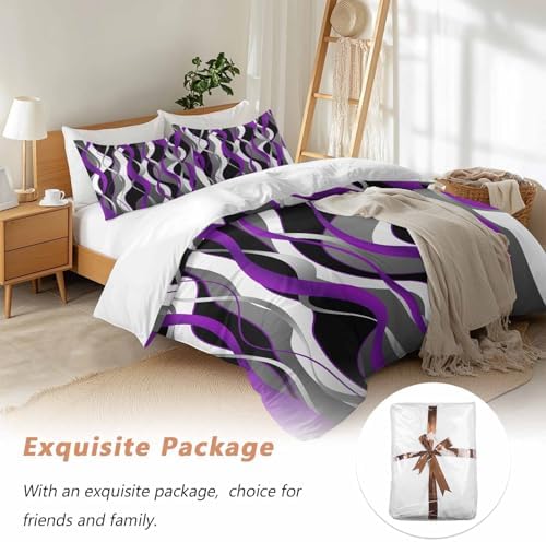 Sabolny Purple Stripe Queen Duvet Cover Set 3 Piece