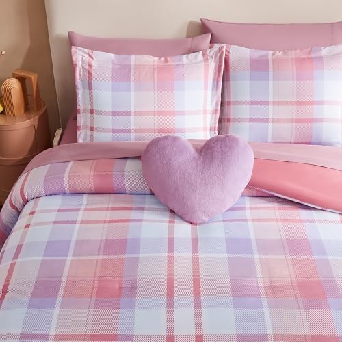 Violet Pink Plaid Comforter Set for Girls 7 Piece