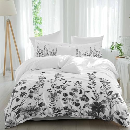 Sabolny Grey Botanical Queen Duvet Cover Set