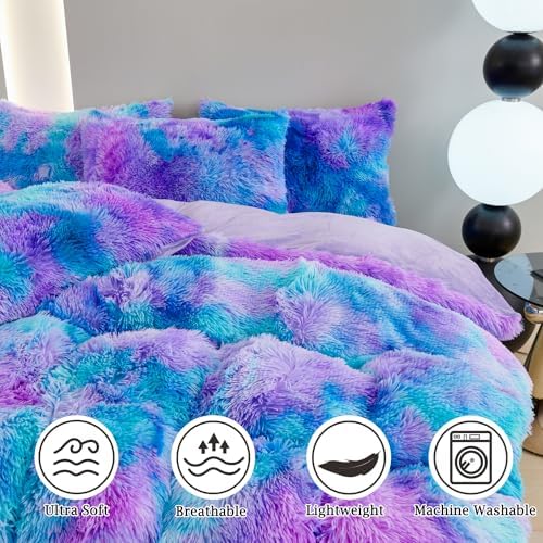 ZRNBAST Shaggy Duvet Cover Set Twin Size Blue Purple Tie Dye