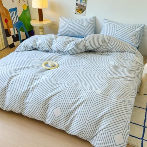 LIWHENHAO Cotton Duvet Cover Set Queen Blue Chain Striped Checked