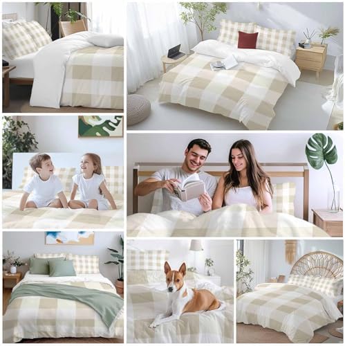 Sabolny Beige White Plaid Queen Duvet Cover Set 3 Piece