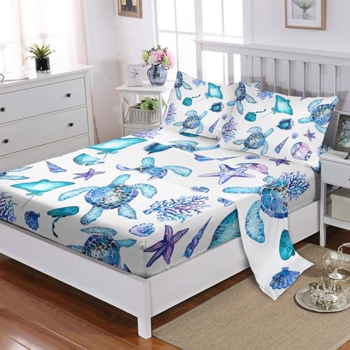 Blue Sea Turtle Sheet Set 4Pcs Ocean Decor