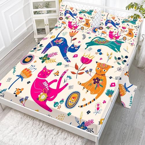 EDGZKO Queen Cat Sheet Set 4 Piece Kids Bedding