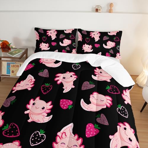 Cute Axolotl Bedding Set for Kids Pink Strawberry Comforter Set