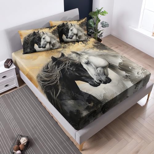 UEVBF Black White Horses Fitted Sheet Set