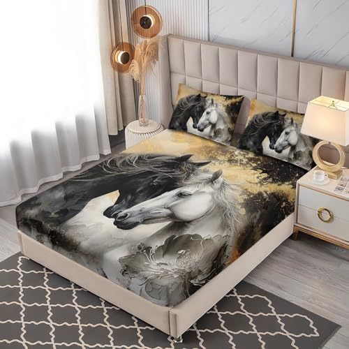 UEVBF Black White Horses Fitted Sheet Set