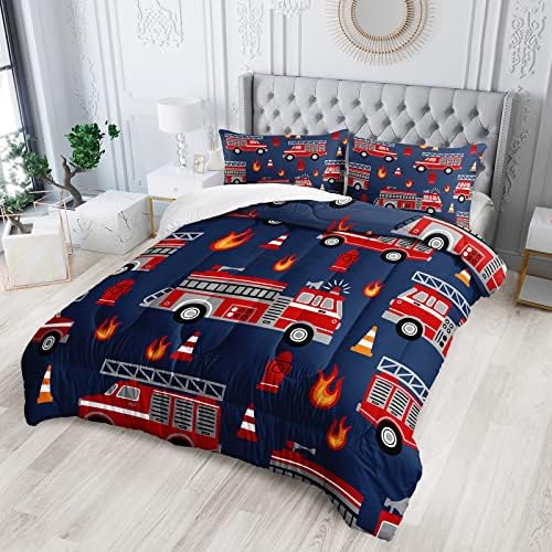 QOOMO Fire Truck Kids Comforter Set 3Pcs Full Size