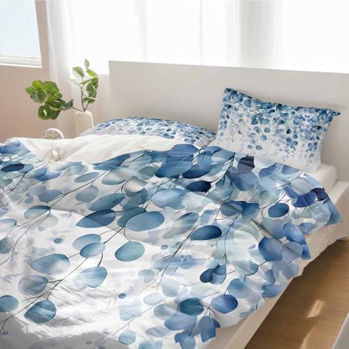 3 Piece Bedding Set - Gradient Blue Eucalyptus Leaf Duvet Cover with Pillow Shams