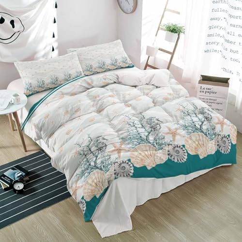 Alandar Home 3 Piece Bedding Set with Turquoise Border and Starfish Design