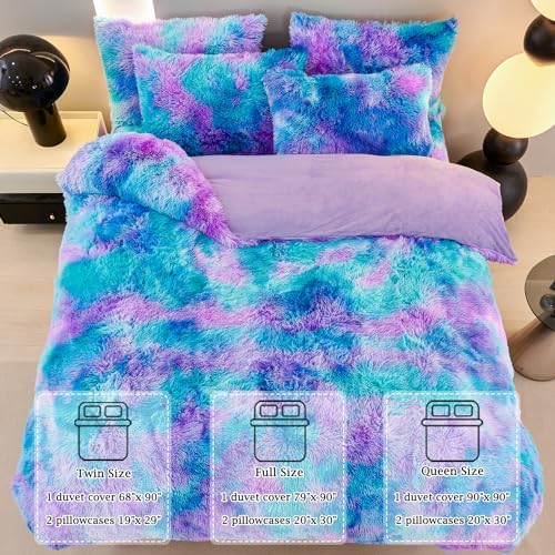 ZRNBAST Shaggy Duvet Cover Set Twin Size Blue Purple Tie Dye