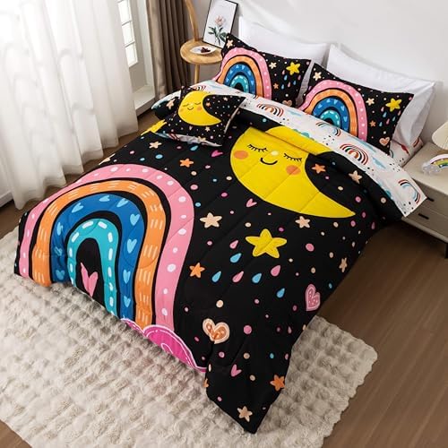 Btargot 5-Piece Black Rainbow Comforter Set for Kids