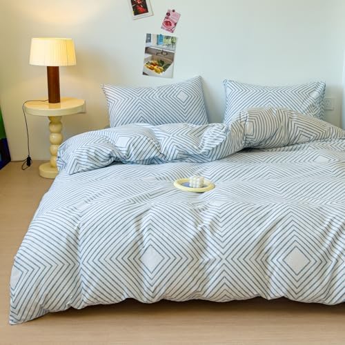 LIWHENHAO Cotton Duvet Cover Set Queen Blue Chain Striped Checked
