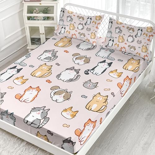 Kids Cat Fitted Sheet Set 3Pcs Cartoon Bedding for Boys Teens Adults