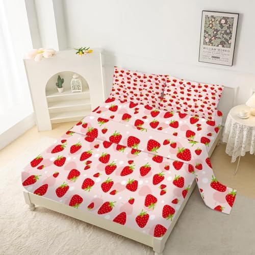 FUYEUN Pink Strawberry Sheet Set for Kids and Teens