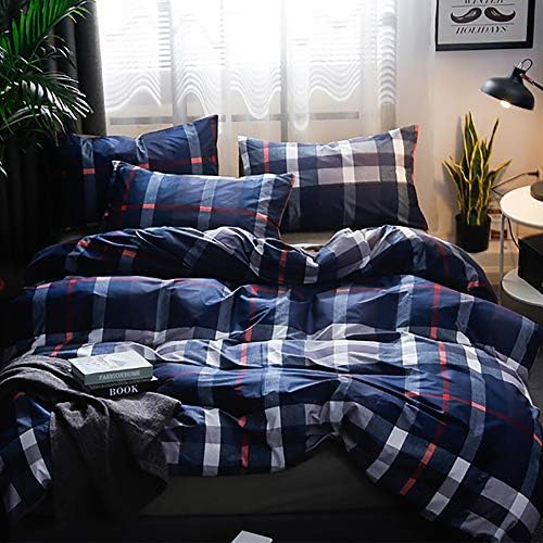 Houseri Navy Blue Plaid Comforter Set Queen