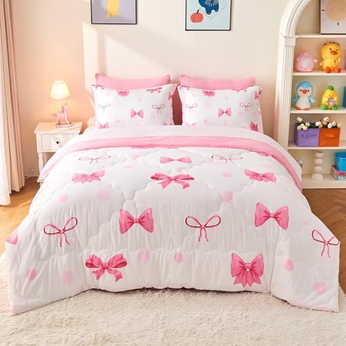 Wajade 7-Piece Pink Bow Twin Bedding Set for Girls