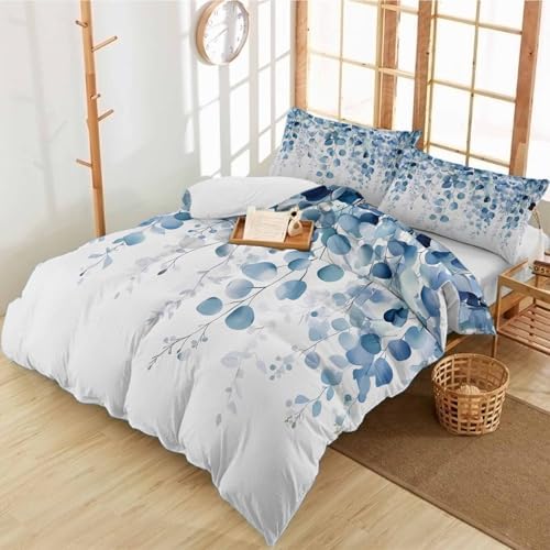 3 Piece Bedding Set - Gradient Blue Eucalyptus Leaf Duvet Cover with Pillow Shams