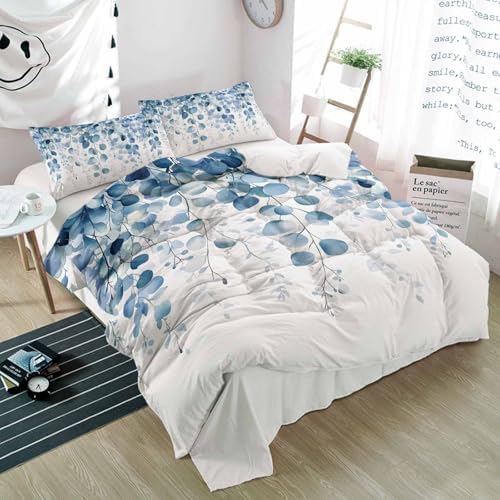 3 Piece Bedding Set - Gradient Blue Eucalyptus Leaf Duvet Cover with Pillow Shams