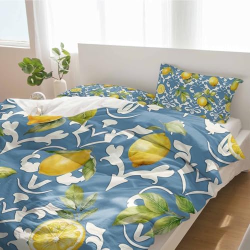 Alandar Home Duvet Cover Set Summer Lemon Leaves Yellow 3 Piece