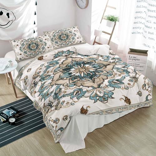 3 Piece Bohemian Bedding Set with Blue Flowers