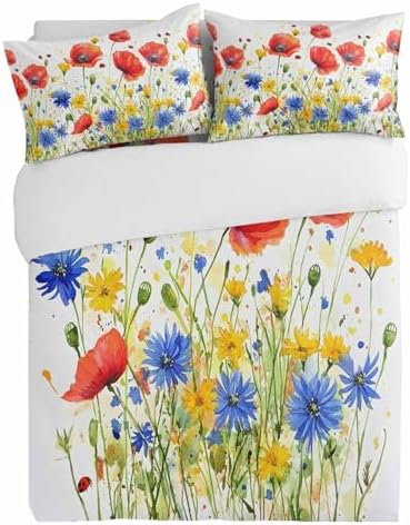 Alandar Home 3 Piece Bedding Set - Floral Poppy Duvet Cover Pillow Shams
