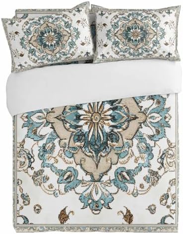 3 Piece Bohemian Bedding Set with Blue Flowers