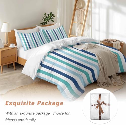 Teal Blue Stripe Queen Duvet Cover Set 3 Piece 1