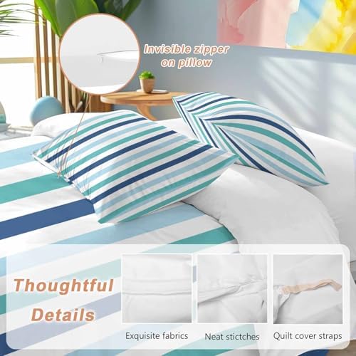Teal Blue Stripe Queen Duvet Cover Set 3 Piece 1