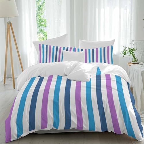 Sabolny Blue Purple Stripe Queen Duvet Cover Set 3 Piece