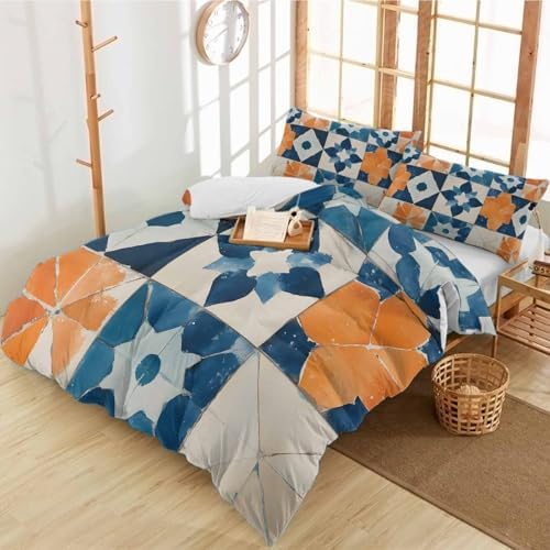 Alandar Home 3 Piece Bedding Set with Abstract Orange Blue Geometric Pattern