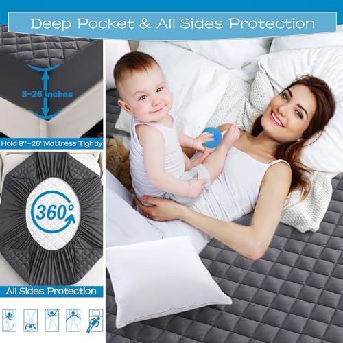 GRT Queen Grey Quilted Fitted Mattress Pad